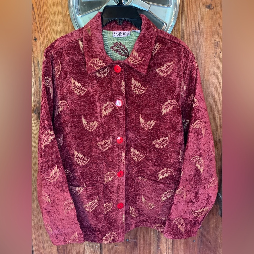Vintage Studio West Wine Red Woodlands Theme Tapestry Jacket Pockets Size L